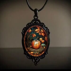 Pumpkin Necklace Black Frame Fall Autumn Halloween Pendant Black‎ Cord Chain New